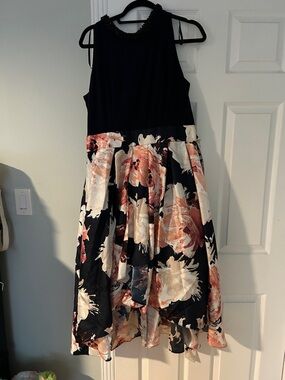 Navy Floral High-Low Dress with Beaded Neckline with pockets